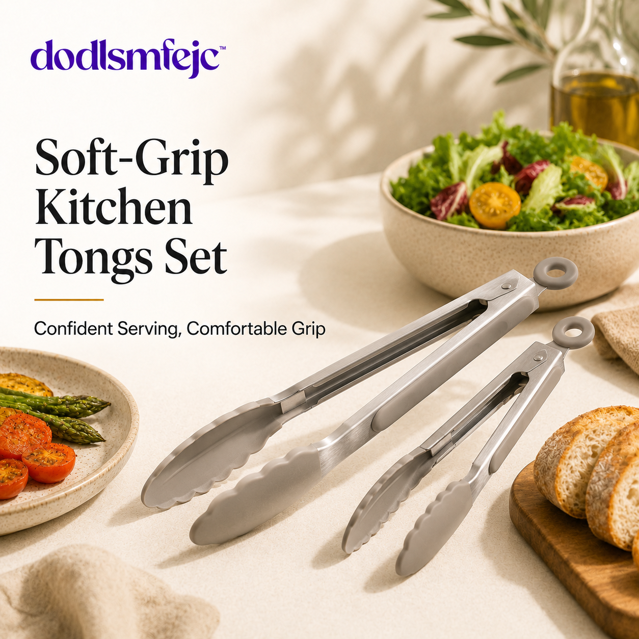 dodlsmfejc™ Soft-Grip Kitchen Tongs Set | Stainless Steel Cooking Tongs for Serving & Grilling