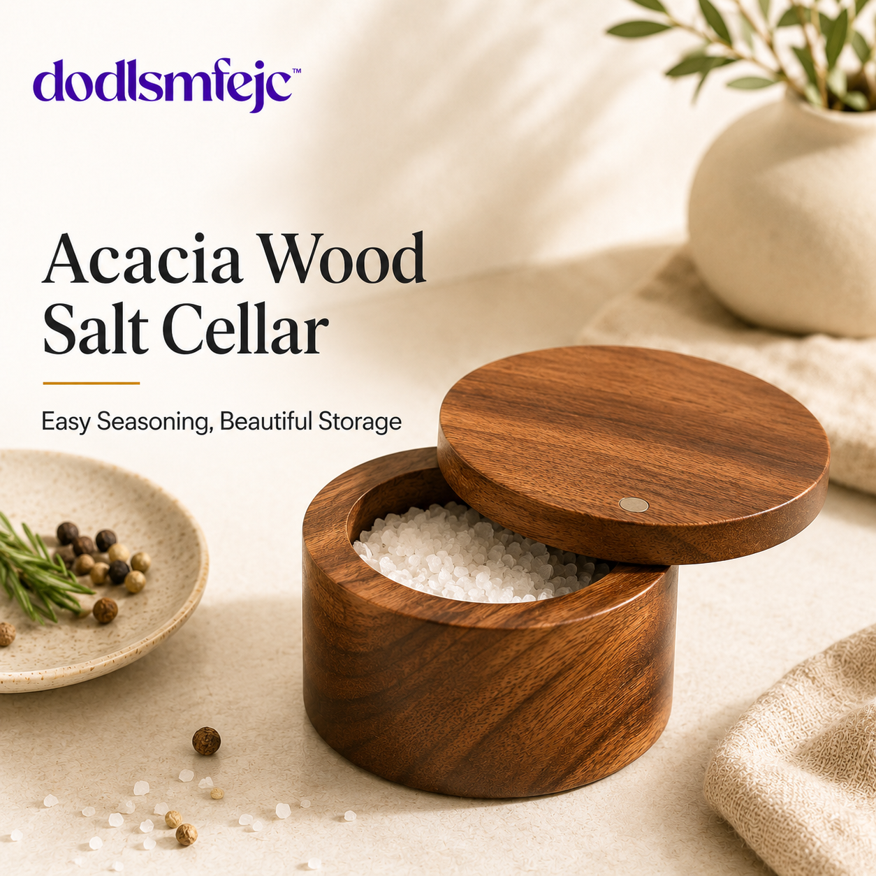 dodlsmfejc™ Acacia Wood Salt Cellar | Magnetic Swivel Lid Spice Box for Kitchen Counter