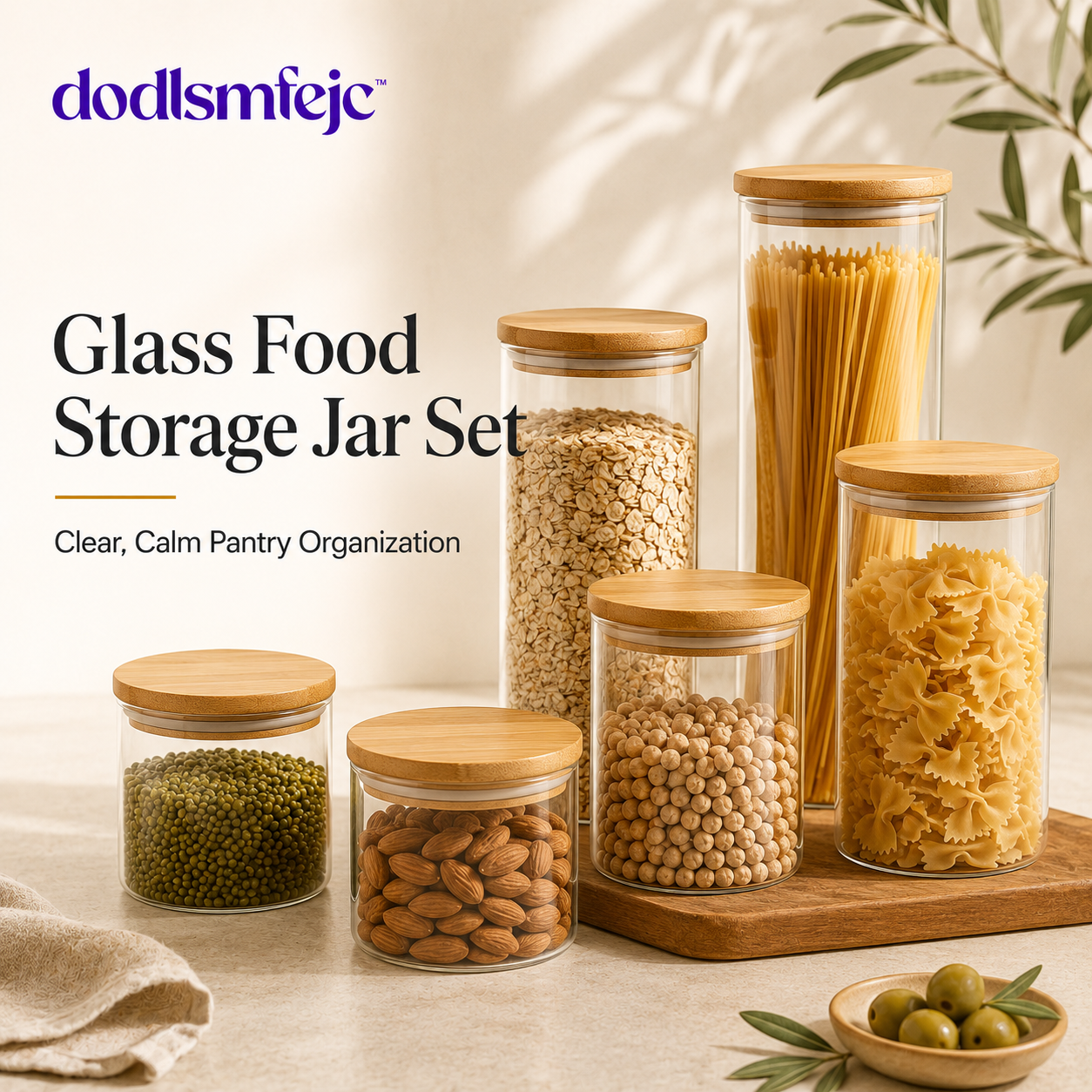 dodlsmfejc™ Minimalist Glass Food Storage Jar Set | Airtight Pantry Canisters with Bamboo Lids