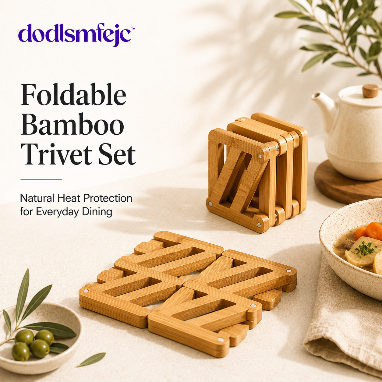 dodlsmfejc™ Foldable Bamboo Trivet Set | Heat-Resistant Pot Holder for Dining Table